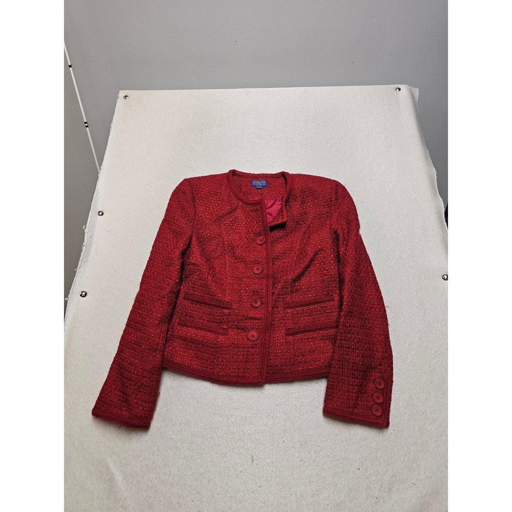 Pendleton Womens Red Wool Blend Tweed Collarless Blazer Jacket Size 8 RN29685